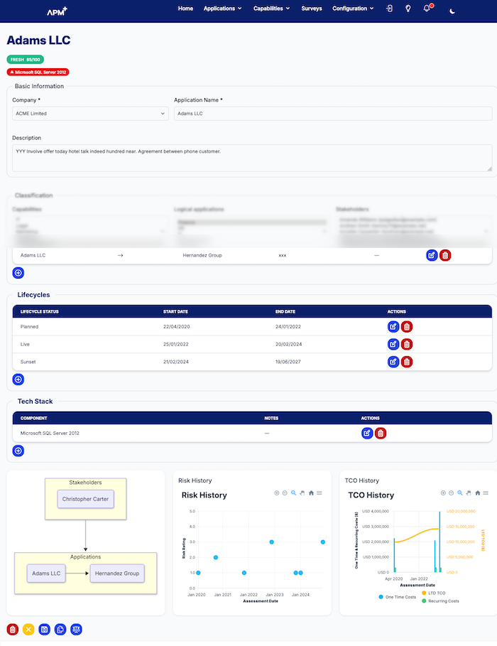 APM+ application detail: one application's owners, cost, technology stack and lifecycle dates held together in a single record.